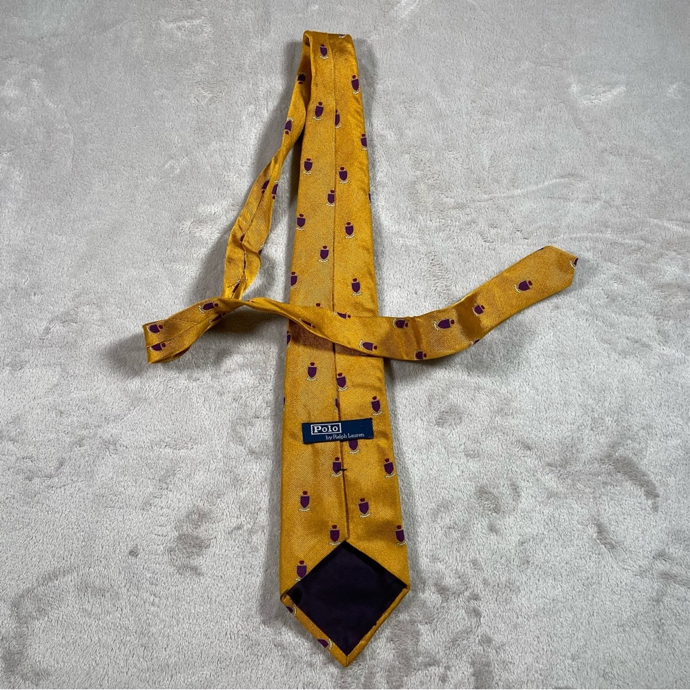 Polo Ralph Lauren Yellow Silk Necktie Crest Red And Blue Crest